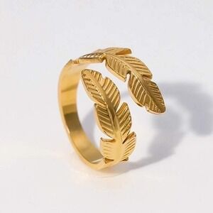 Gold Feather Ring Adjustable Open Band Gold Plated Stainless Steel